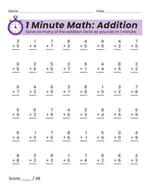 1 Minute math addition worksheet for first graders with a timer graphic