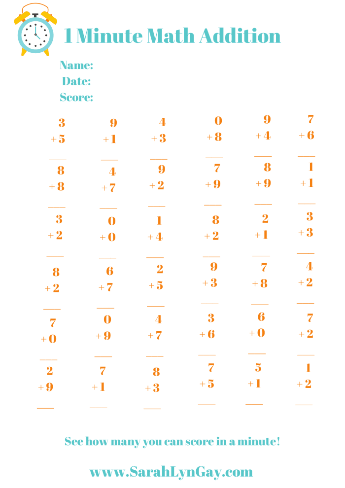 1 Minute Math addition worksheet for first graders focusing on quick problems