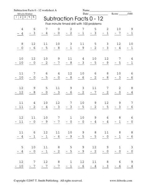 Subtraction worksheet for second graders featuring timed math problems for quick practice