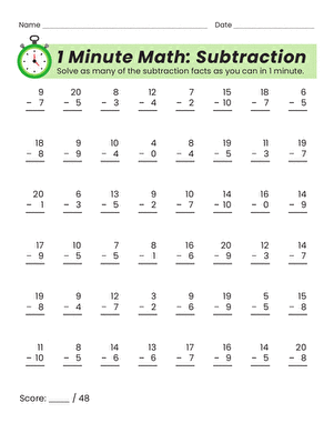 Second grade subtraction worksheet featuring timed exercises for quick math practice