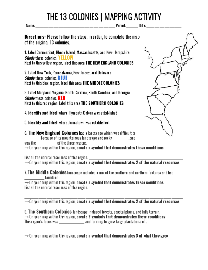 Students labeling the 13 Colonies on a blank map for geography practice