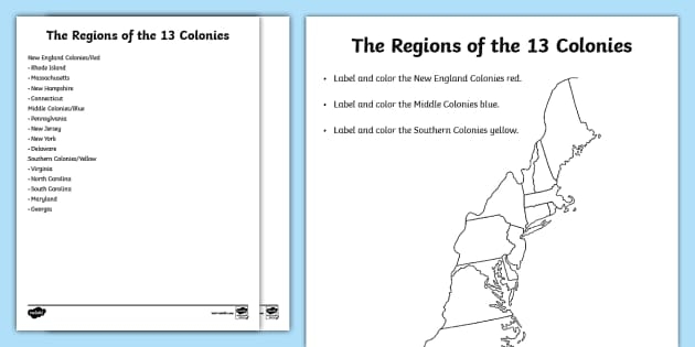 A fifth-grade student labeling the 13 Colonies on a geography worksheet