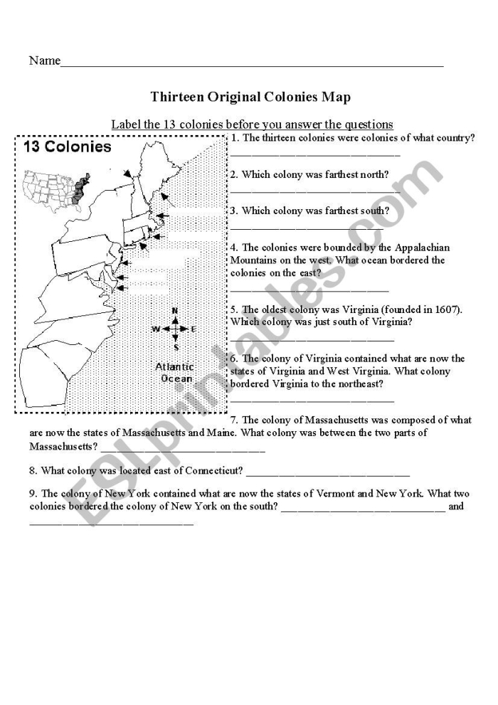 A map worksheet for fifth graders to label the 13 original colonies of America