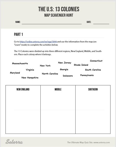 A fifth-grade student labeling the 13 colonies on a geography worksheet