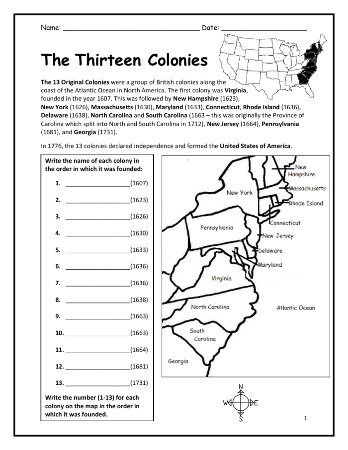 Fifth grade geography worksheet featuring a blank map for students to label the 13 colonies