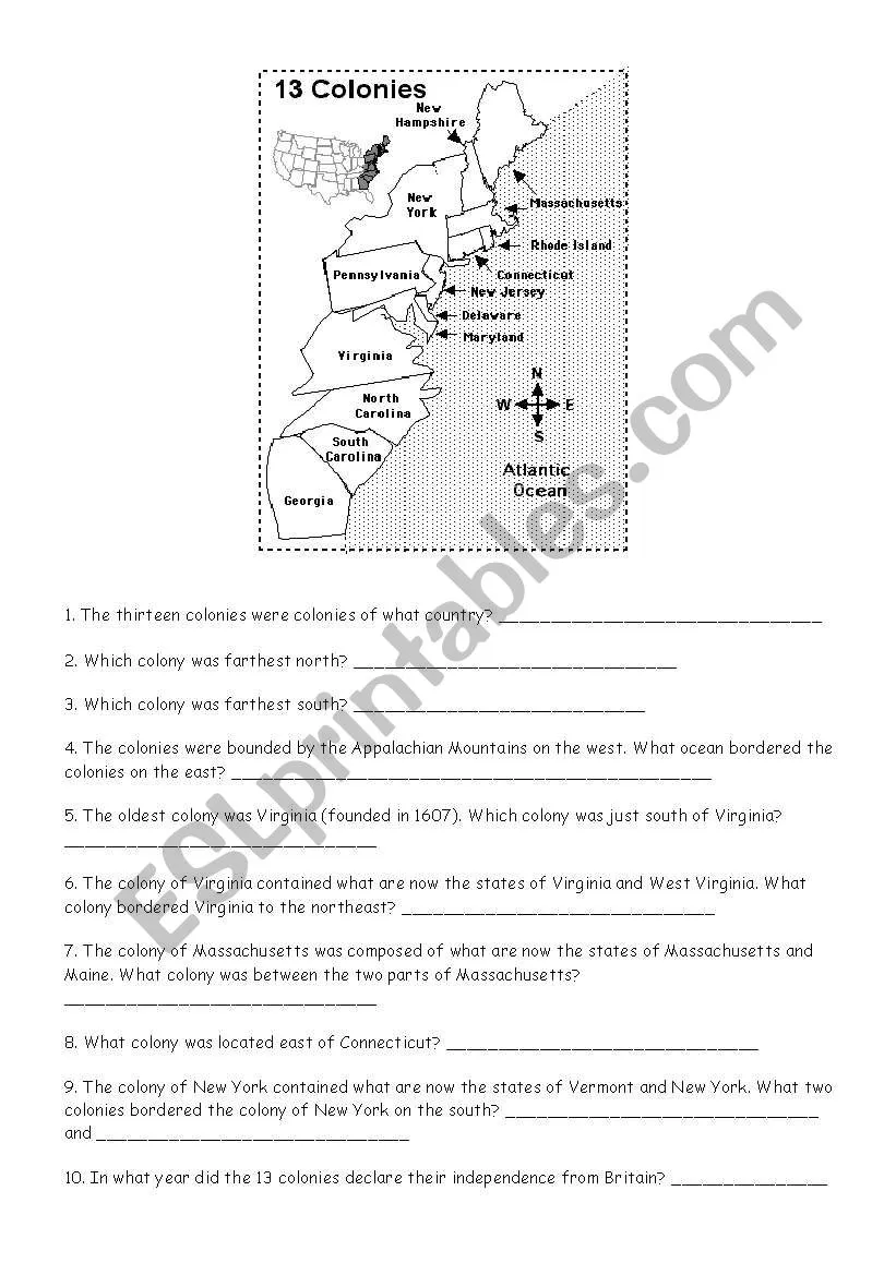 Fifth grade geography worksheet featuring a blank map for students to label the 13 colonies