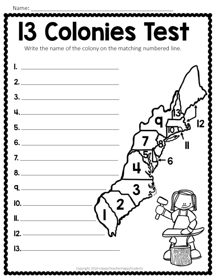 Fifth grade geography worksheet featuring a blank map of the 13 Colonies for students to label