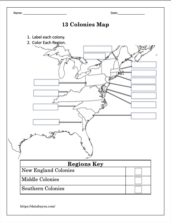 Worksheet for labeling the 13 colonies on a detailed map for fifth graders
