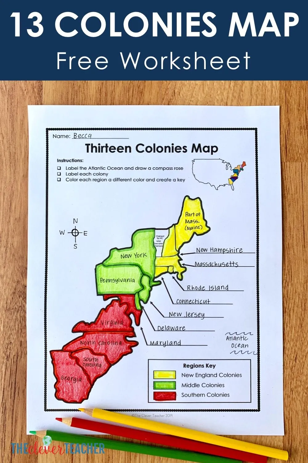 Label the 13 Colonies worksheet featuring a blank map for students to identify each colony