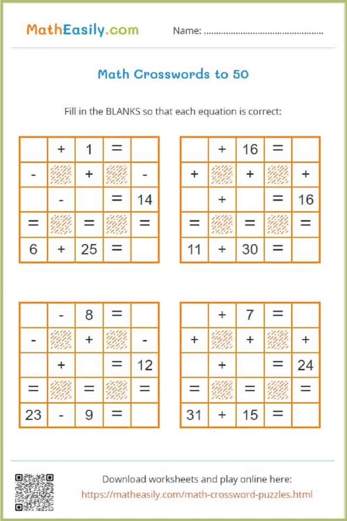 First grade math crossword worksheet for practicing addition and handwriting
