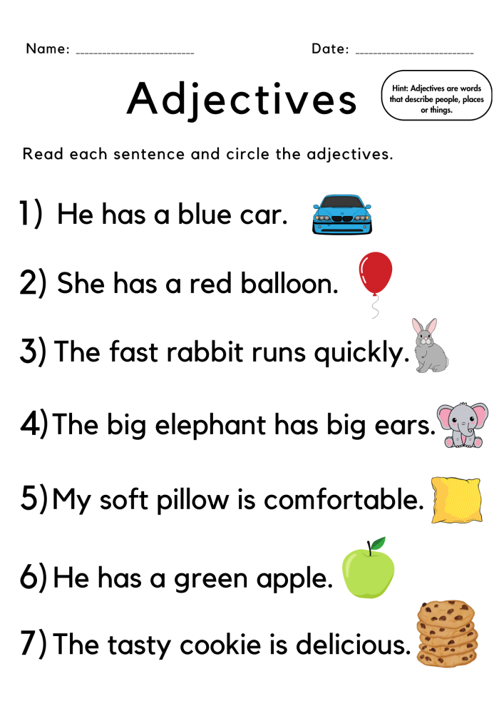 First grade worksheet focusing on practicing adjectives to improve grammar skills