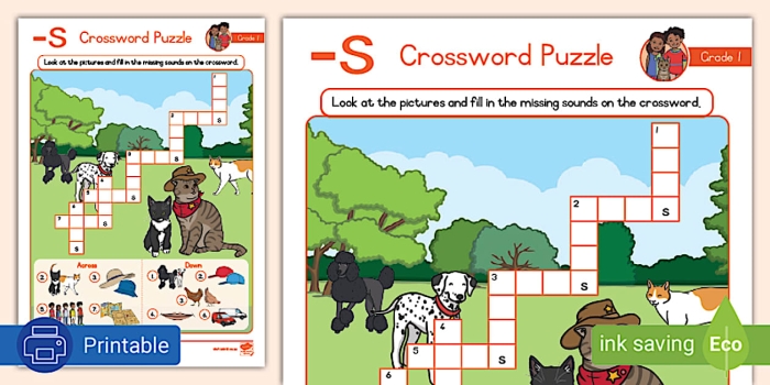 Phonics worksheet for First Grade 1st Grade Vocabulary Crossword worksheet designed to enhance spelling skills and introduce crossword puzzles. Engaging phonics activity for first graders to develop vocabulary through fun challenges.