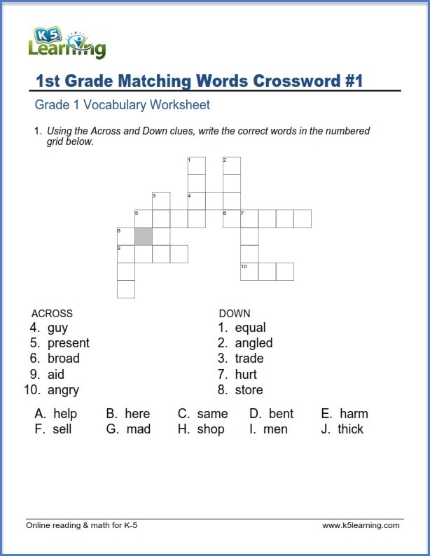 Engaging crossword puzzle for first graders focusing on vocabulary and phonics skills 1st Grade Vocabulary Crossword worksheet designed to enhance spelling skills and introduce children to crossword puzzles
