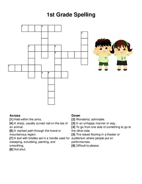 Engaging crossword puzzle for 1st graders to develop phonics and vocabulary First Grade Vocabulary Crossword worksheet designed to enhance spelling skills
