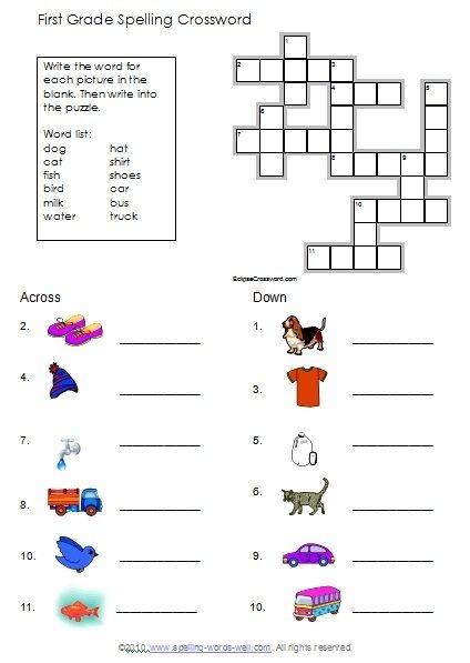 Engaging 1st Grade phonics activity featuring a fun crossword challenge for children 1st Grade Vocabulary Crossword worksheet designed to enhance spelling skills and introduce crossword puzzles to young learners