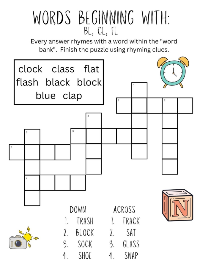 Phonics worksheet for First Grade 1st Grade Vocabulary Crossword worksheet designed to enhance spelling skills and introduce crossword puzzles. Fun and engaging first-grade phonics activity for young learners.