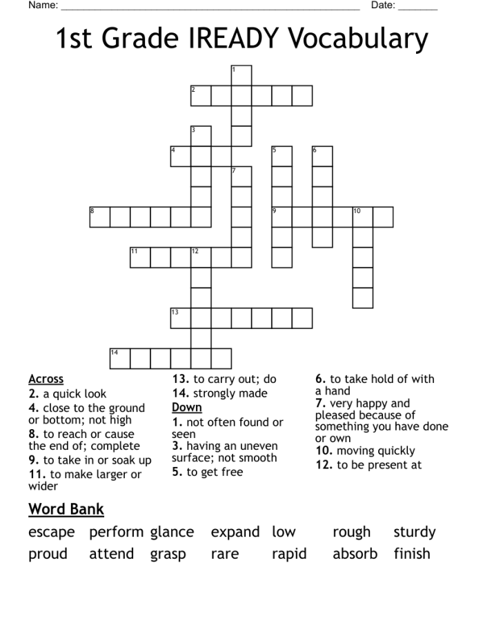 Engaging first grade phonics crossword activity for vocabulary development and fun learning 1st Grade Vocabulary Crossword worksheet designed to enhance spelling skills and introduce crossword puzzles for young learners