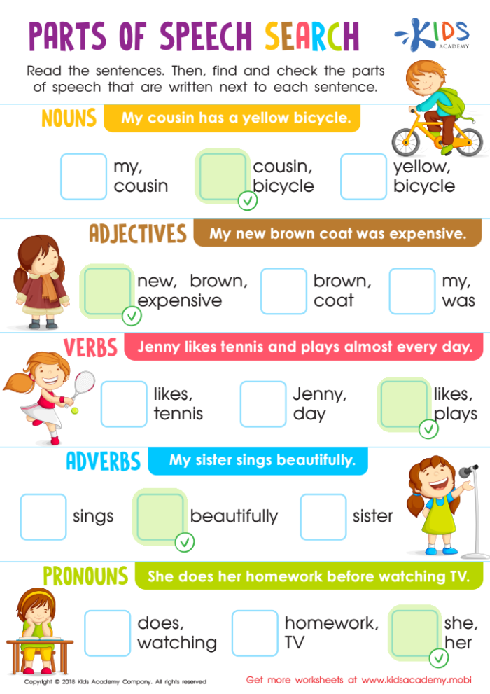 First grade parts of speech quiz worksheet page 10 featuring grammar practice