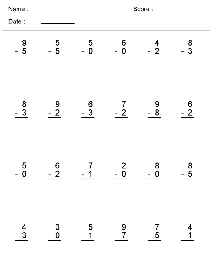 First grade math worksheet featuring single and double-digit addition and subtraction problems for practice