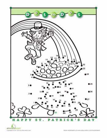 First grade math students complete the second St. Patrick's Day rainbow dot-to-dot algebra worksheet by connecting the dots to find the hidden pot of gold