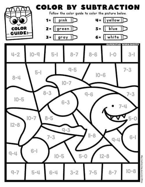 First grade student completing a color by simple subtraction worksheet activity