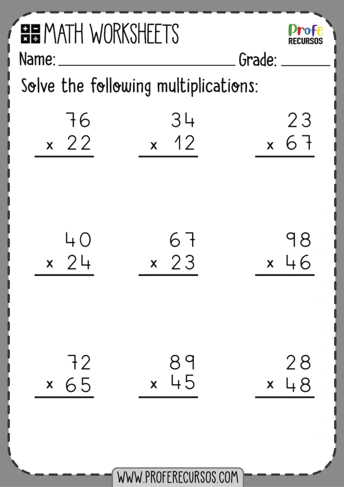 2-Digit multiplication practice worksheet for fourth graders focusing on one-digit multiplication