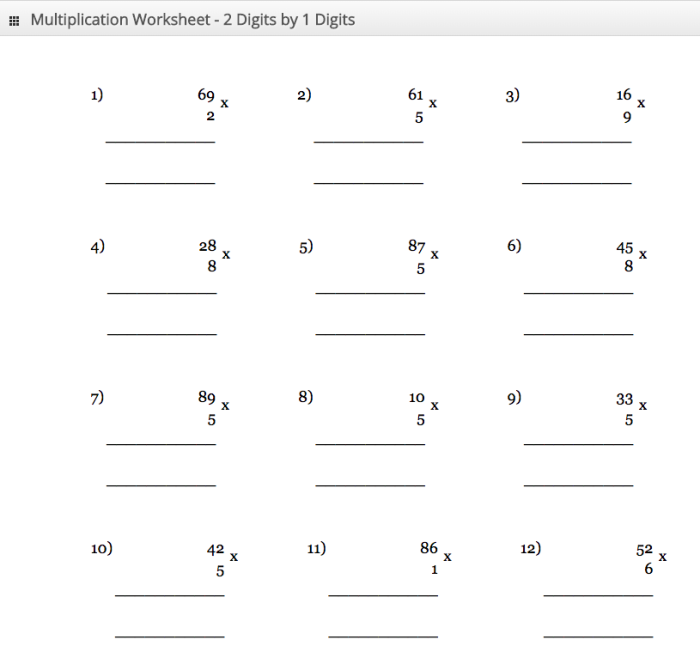 Third grade math worksheet showing two-digit by one-digit multiplication problems for students to solve