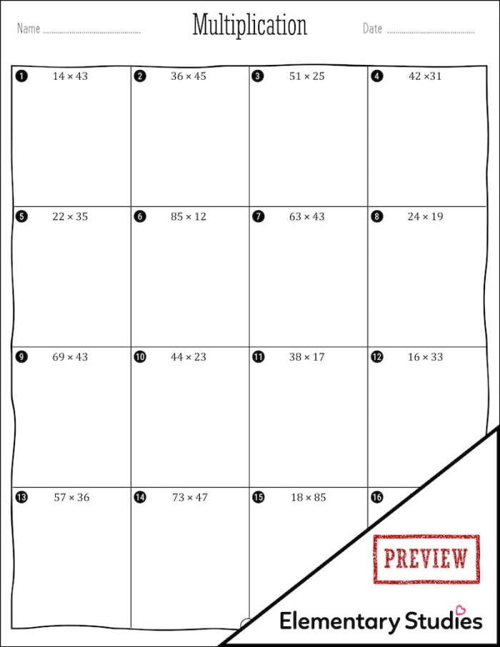 Two-digit by two-digit multiplication worksheet for fourth and fifth graders