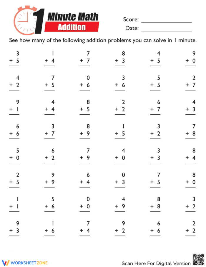 Second grade addition worksheet featuring a fun 2 Minute Math challenge for quick calculations