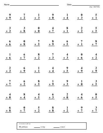 Second grade students practicing quick addition facts with a 2 Minute Math worksheet