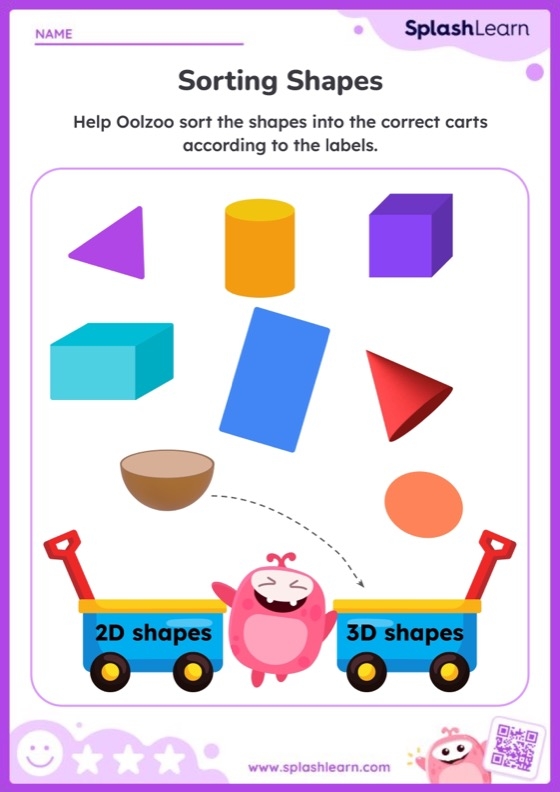 Kindergarten worksheet featuring a classification activity to sort flat 2D shapes and solid 3D objects