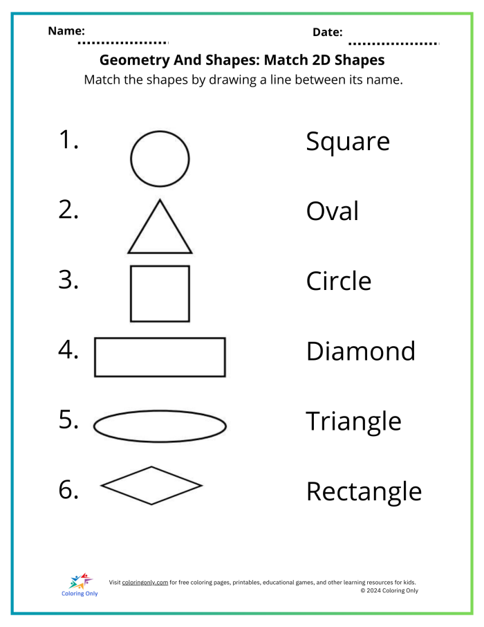 Geometry worksheet showing 2-D shape identification and properties for elementary learners Second grade students comparing attributes of 2-D shapes including edges and vertices on a worksheet chart