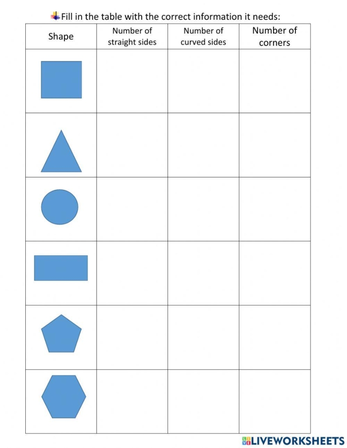 Second Grade Geometry: 2-D Shapes Table Activity 18 A second grade student completing a geometry worksheet that asks them to fill in a table identifying properties of 2-D shapes like circles, triangles, pentagons, and hexagons