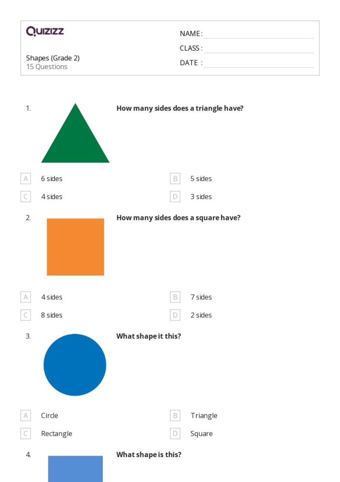 2-D Shapes Fill in the Table Worksheet for Second Grade Geometry Review 22 Second grade math worksheet featuring a table to identify and categorize common 2-D geometric shapes