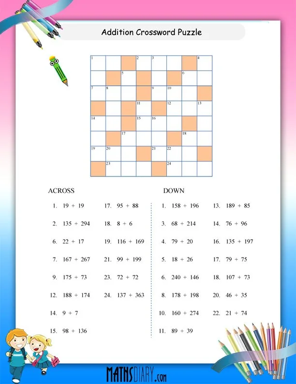 Addition crossword worksheet for second graders focusing on 2-digit addition practice