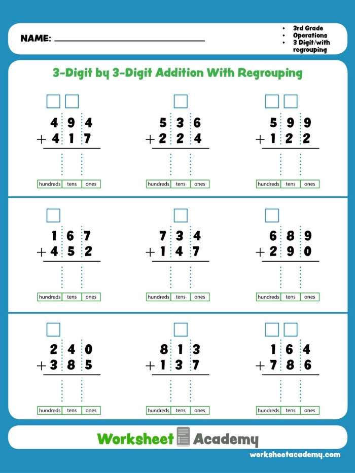 Second grade math worksheet featuring twenty-three three-digit addition practice problems for students