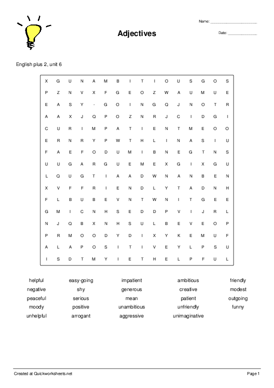 Second grade Adjectives Word Search worksheet for building phonics skills