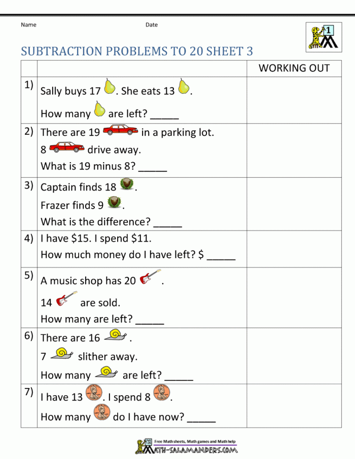 Colorful worksheet featuring animal characters solving two-digit subtraction problems
