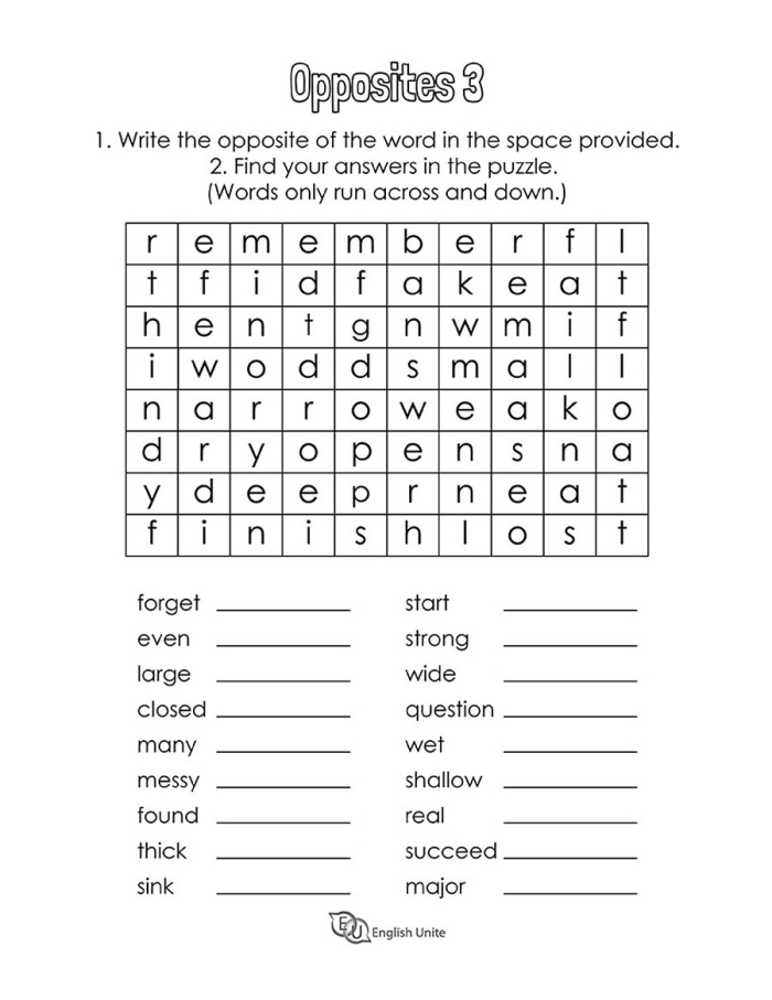 Antonym Crossword Puzzle worksheet for second graders featuring clues and their opposite answers