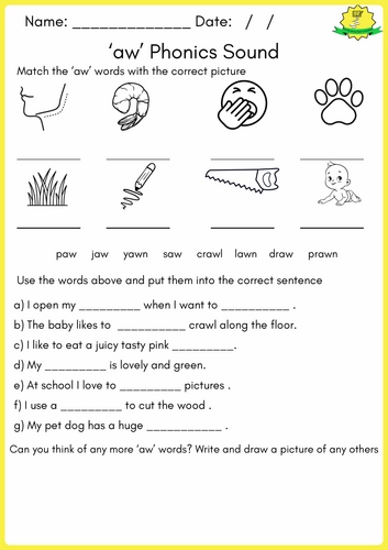 End-of-year aw/ow vowel sound check-in activity for elementary students Second grade phonics worksheet showing aw and ow sound practice exercises for vowel team assessment