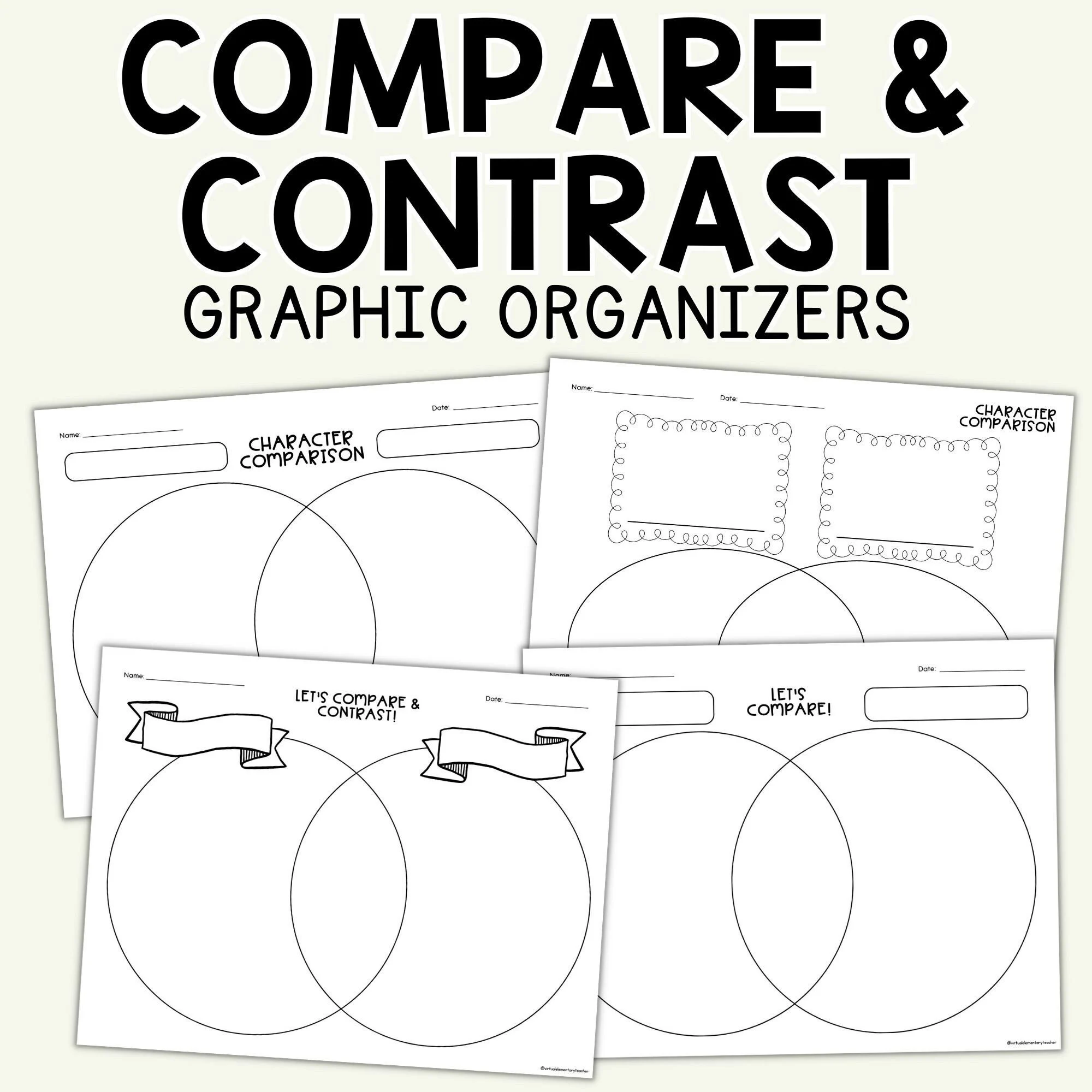 Character Comparison Graphic Organizer Worksheet 22 for Elementary Reading Instruction Two characters side by side with comparison arrows and spaces to write similarities and differences for second grade reading practice