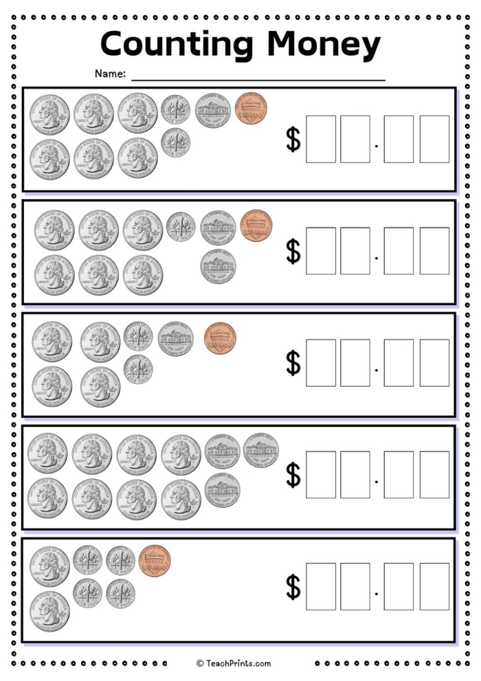 Second grade St. Patrick Day worksheet for counting and adding coins to find the total sum