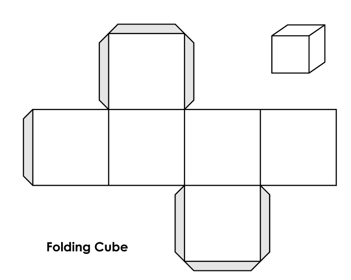 A second grade student assembling a 3D cube paper model from a geometry worksheet