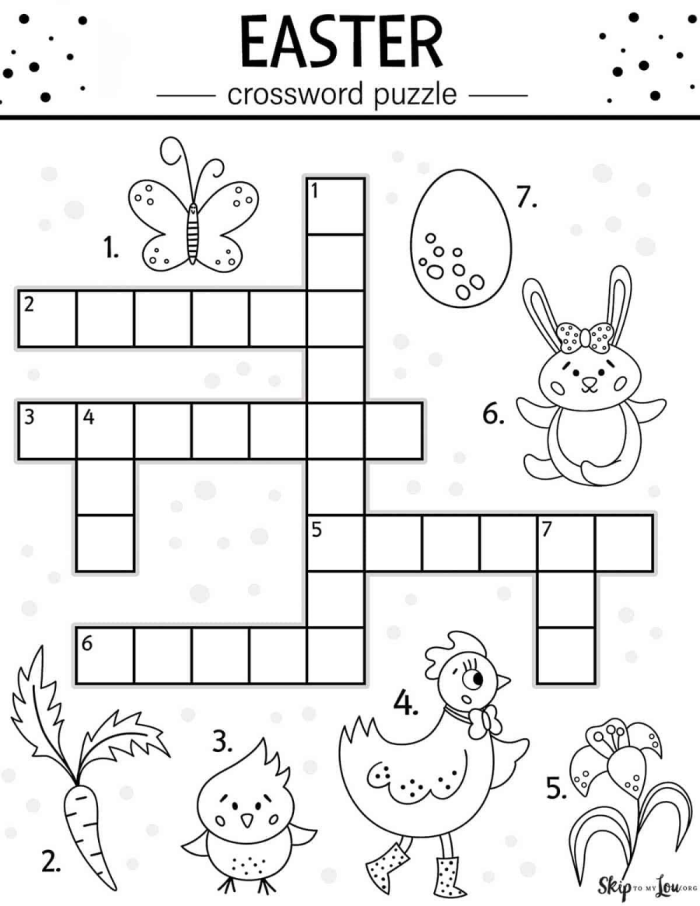 Colorful Easter-themed crossword puzzle worksheet for second grade students with Easter-related word clues