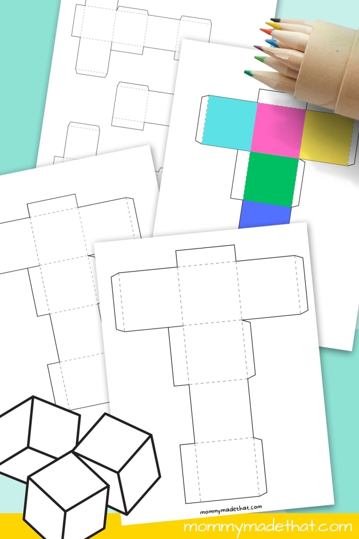 Second grade printable cube cut-out geometry worksheet for building 3D paper shapes