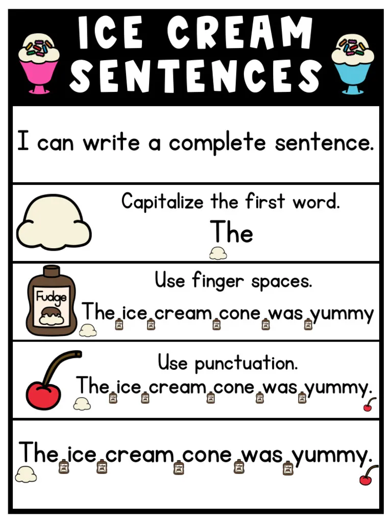 Second grade student completing an ice cream themed grammar worksheet about fixing capitalization and punctuation