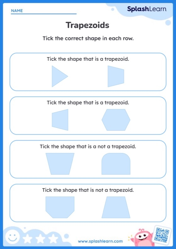 Second grade geometry worksheet featuring a collection of shapes to identify and count for trapezoids and quadrilaterals