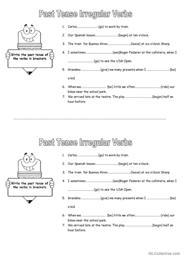 End-of-year activity for evaluating mastery of common irregular past tense verbs Irregular past tense verbs check-in worksheet for second graders to assess their understanding