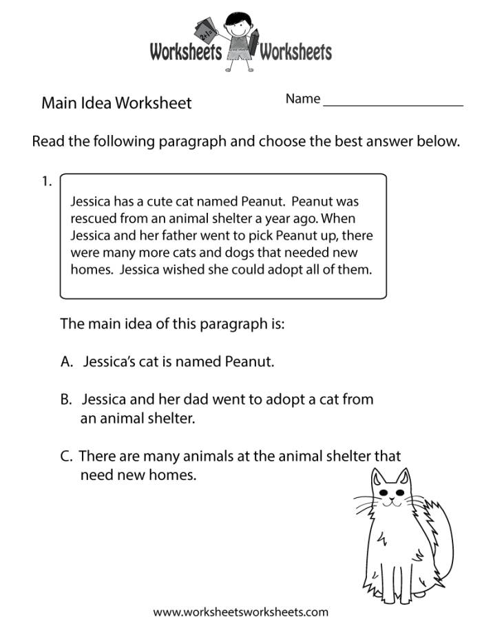 Main Idea of a Story Worksheet for second graders focusing on reading comprehension skills
