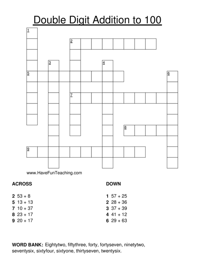 Second grade student completing a two digit addition crossword puzzle worksheet